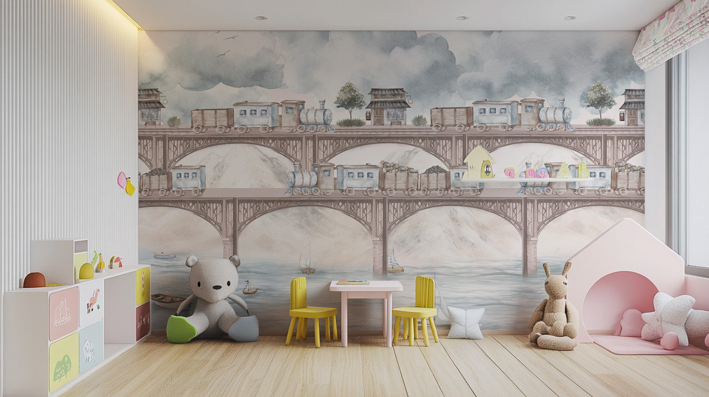 Steam train wall mural with bridges and river scene
