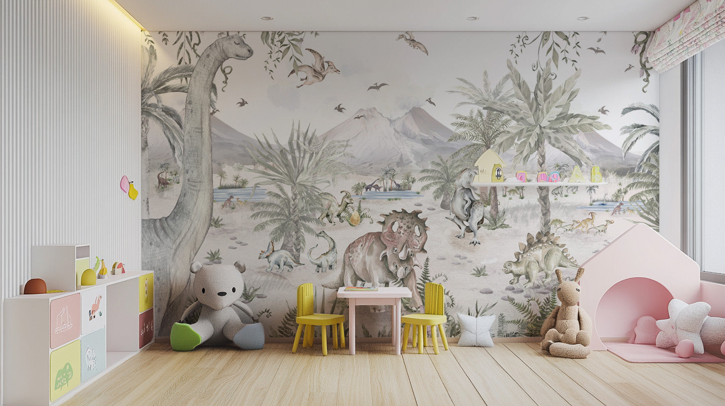 Kids' dinosaur wallpaper featuring T-Rex and Triceratops
