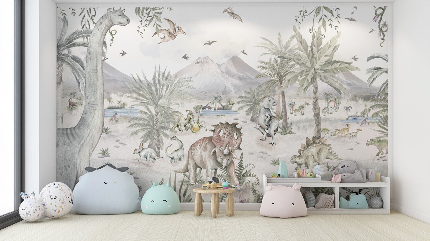 Dinosaur landscape wall mural with tropical plants
