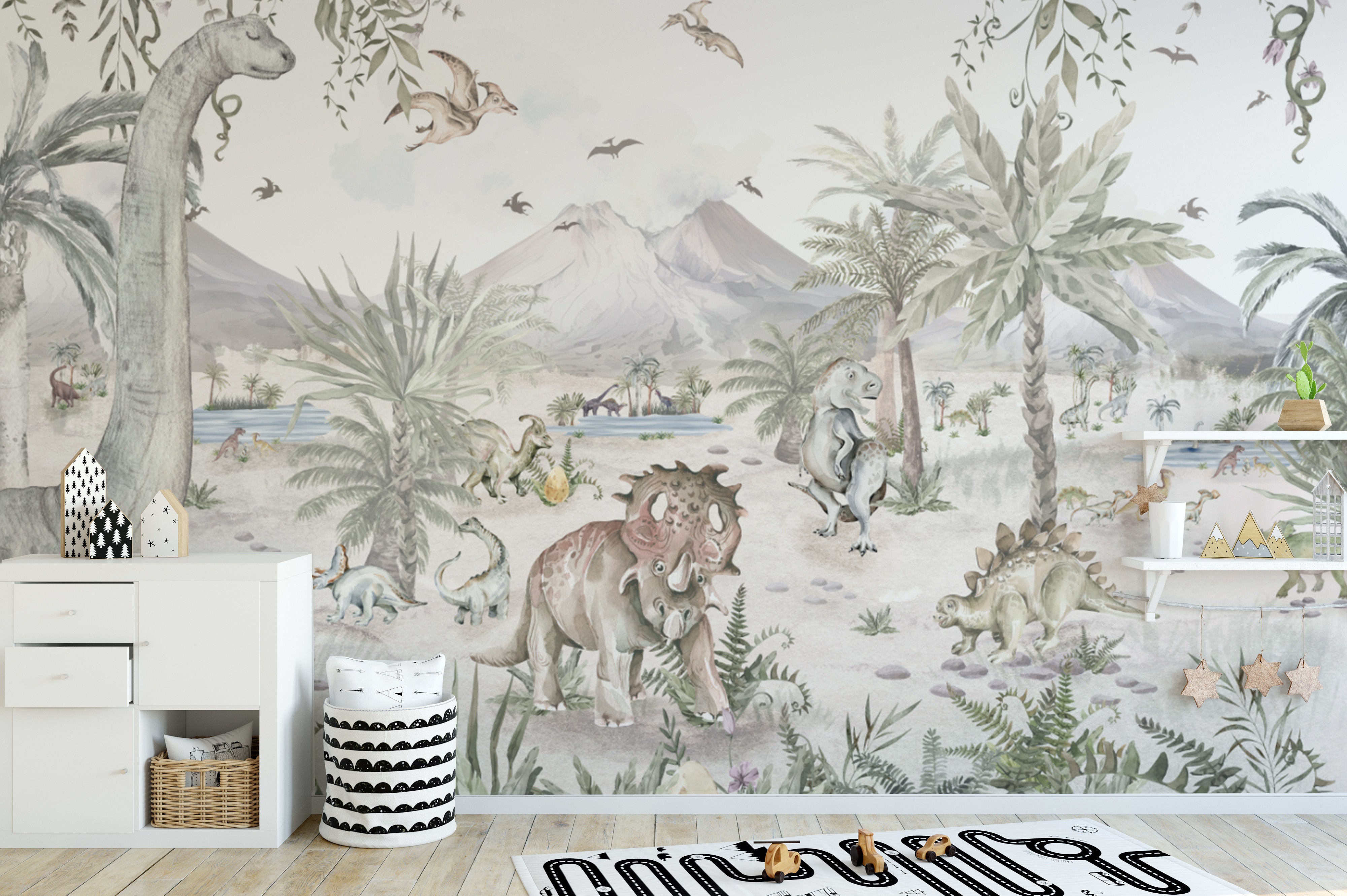 Adventure-themed dinosaur wallpaper for kids' rooms
