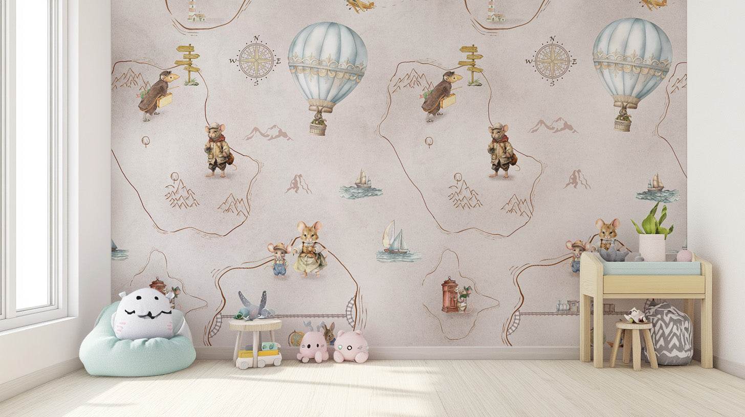 Whimsical Animal Adventure Wallpaper with travel theme
