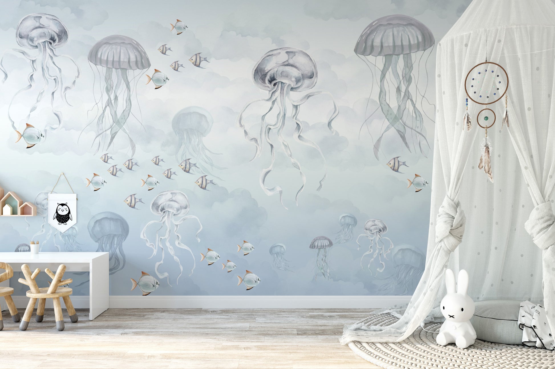 Ethereal sea wallpaper mural with drifting jellyfish
