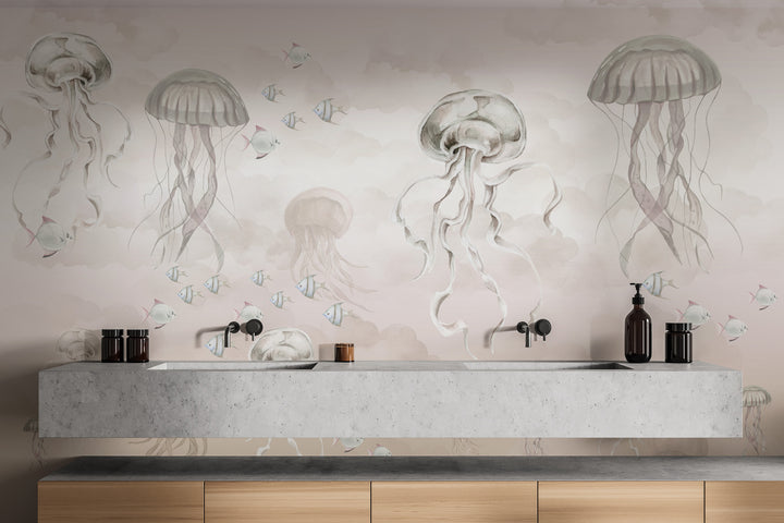 Beige Watercolor Jellyfish Wallpaper with soft marine tones
