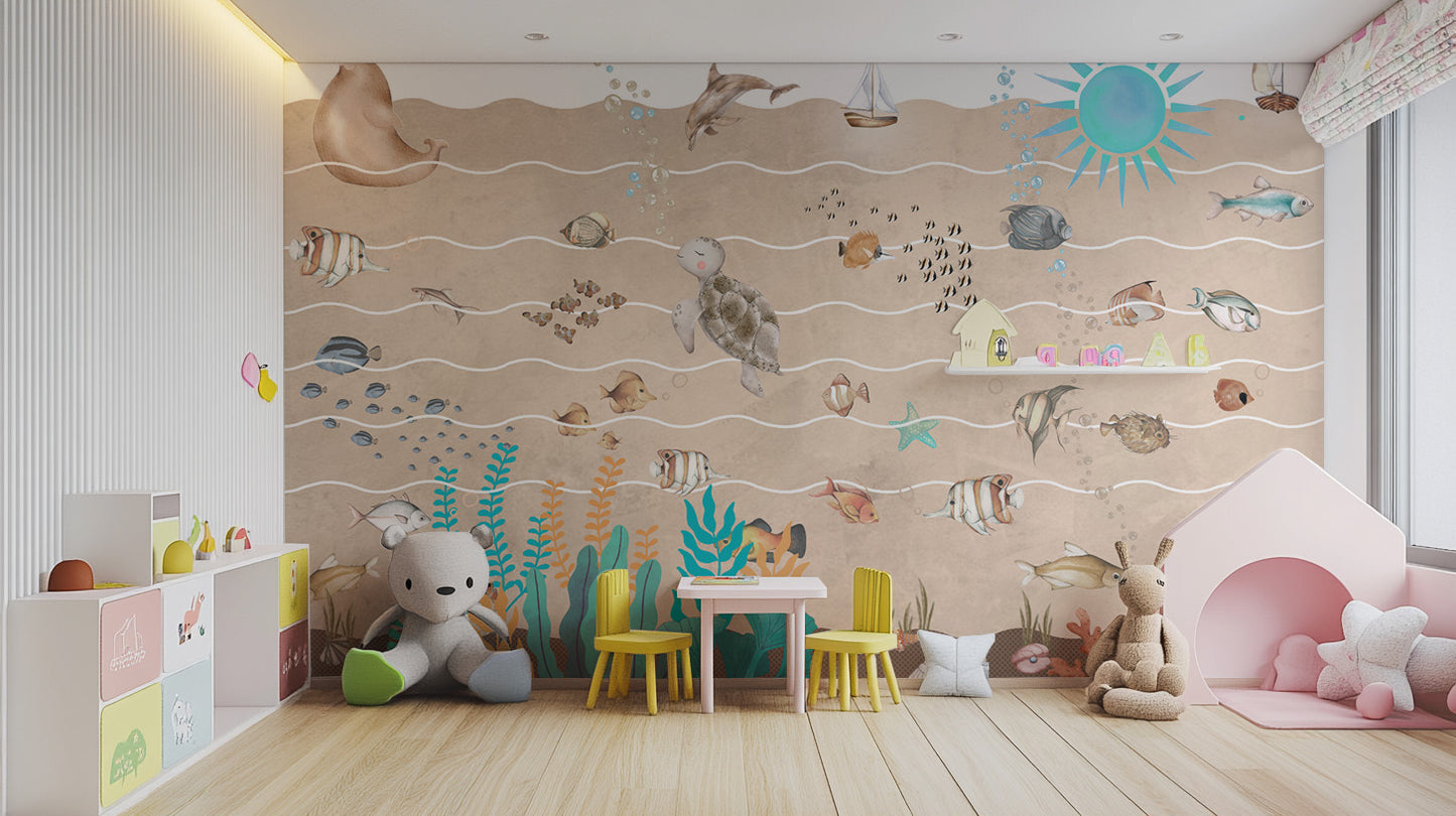 Underwater Sea Life Wallpaper Mural with ocean creatures
