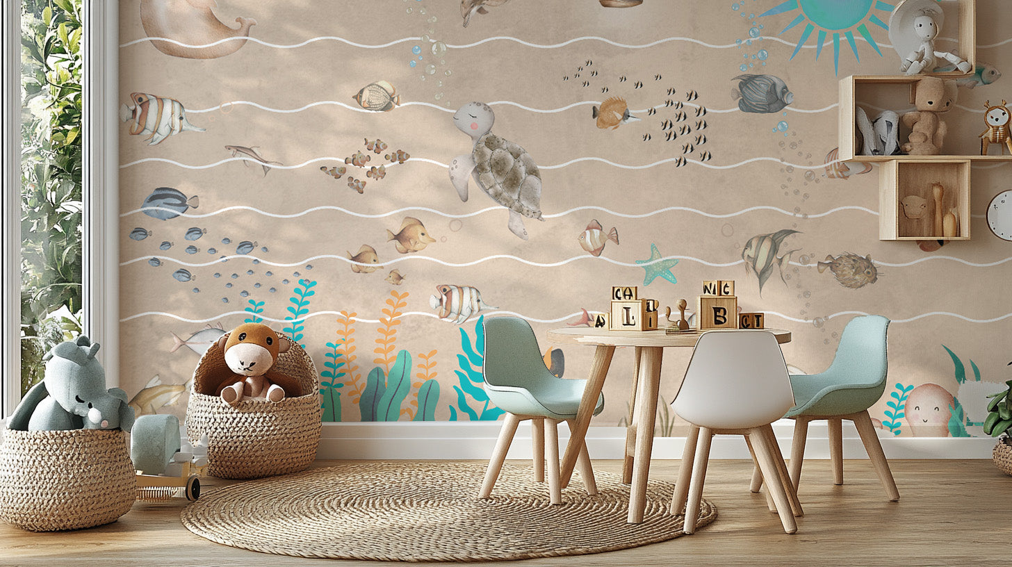 Peel and stick ocean wallpaper featuring playful marine life
