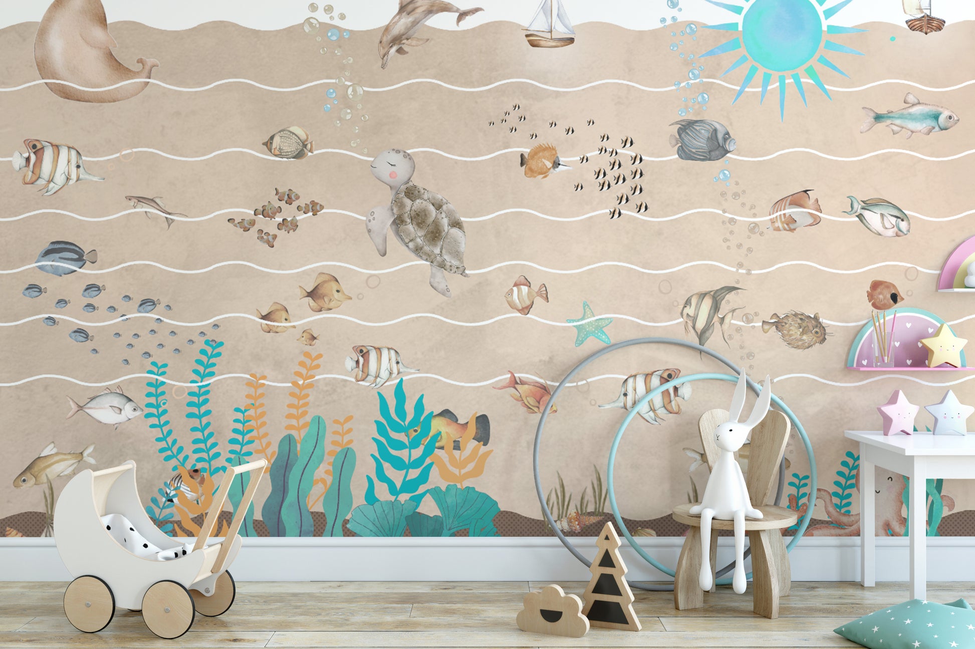 Kids room ocean wallpaper with a whimsical underwater scene
