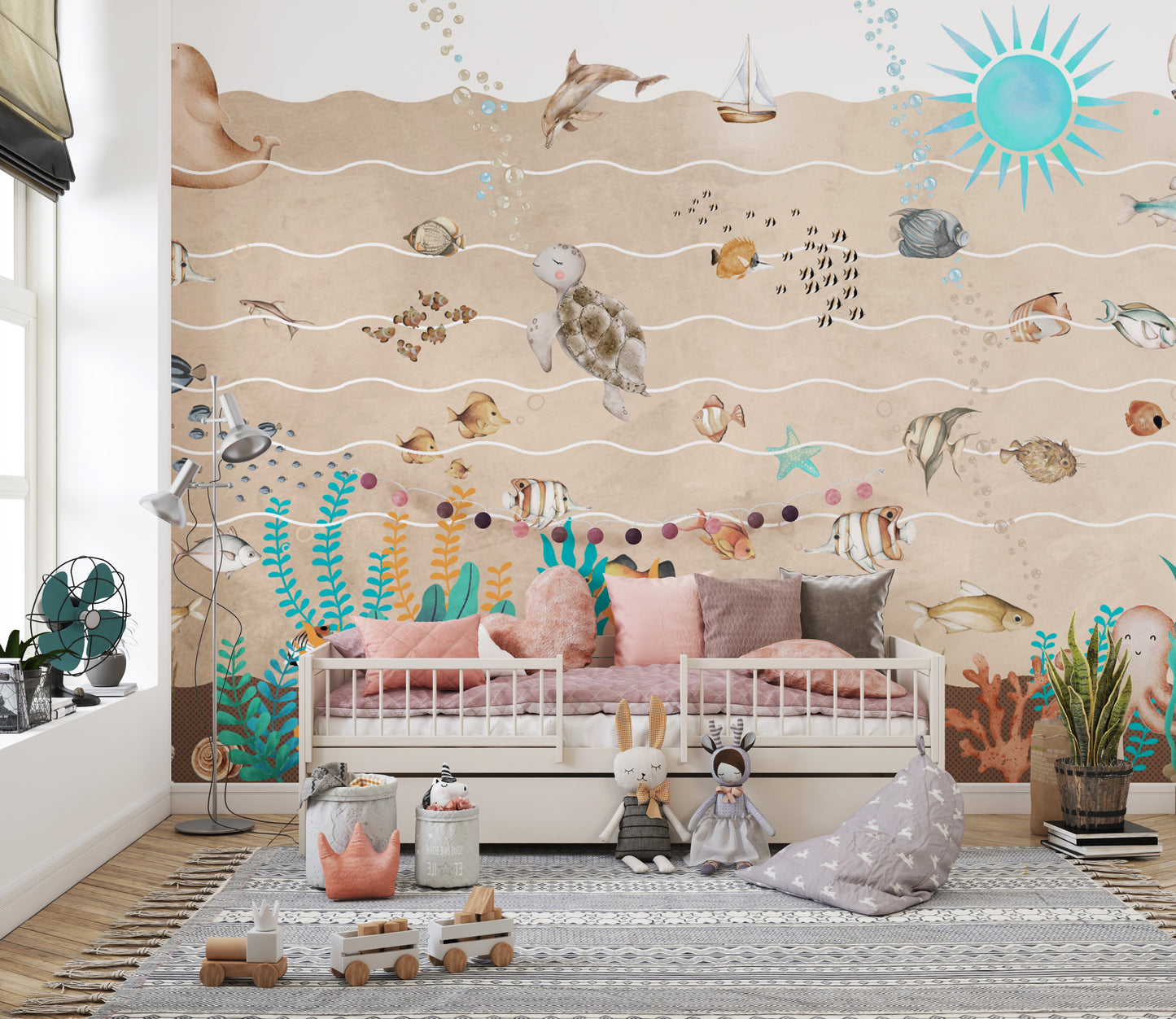 Marine animals wallpaper with vibrant sea creatures and waves
