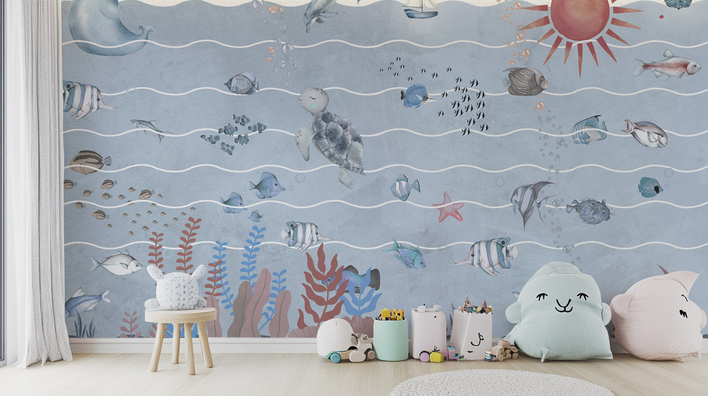 Nautical sea life wall mural with charming watercolor details
