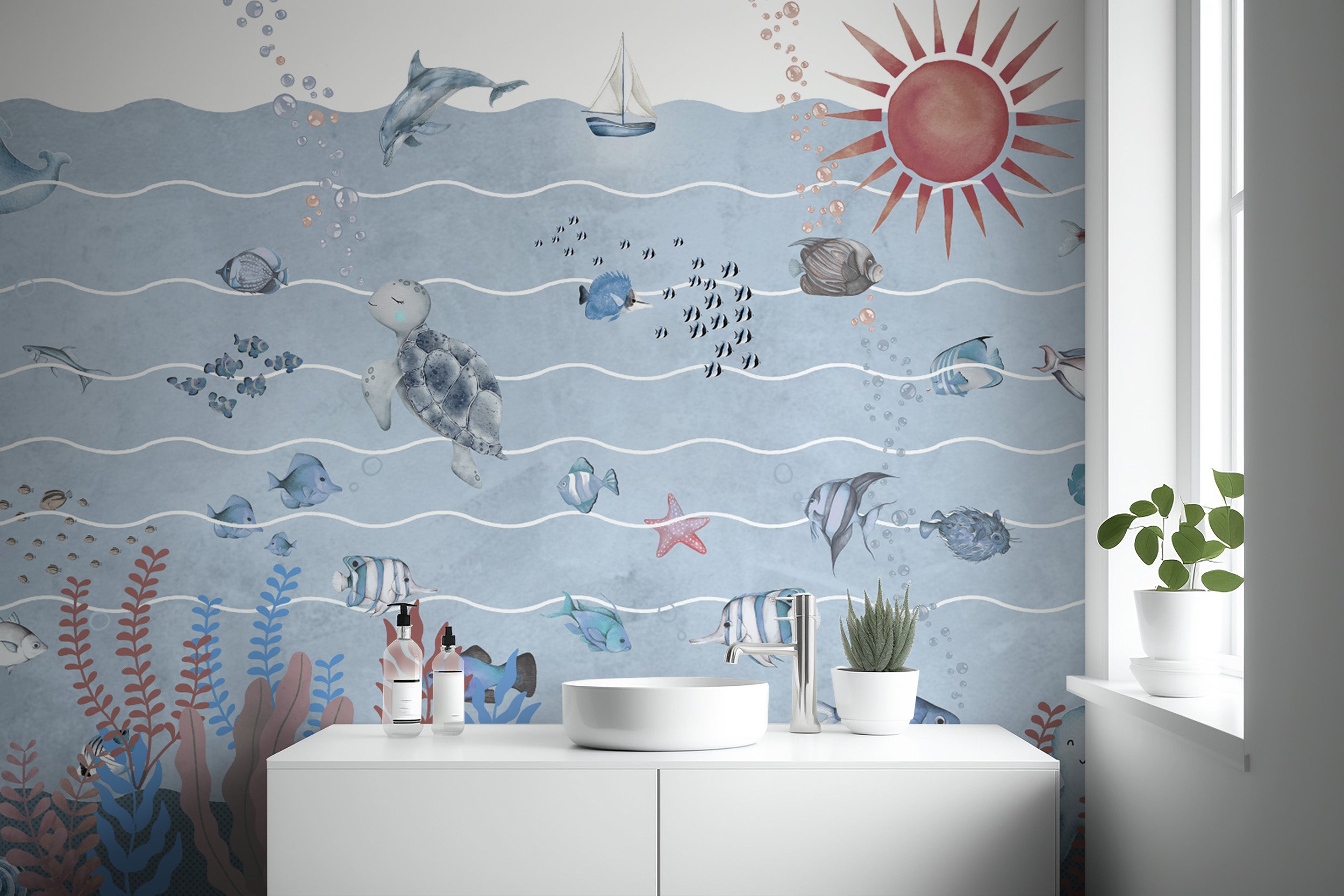 Kids' room marine wallpaper featuring colorful fish and waves
