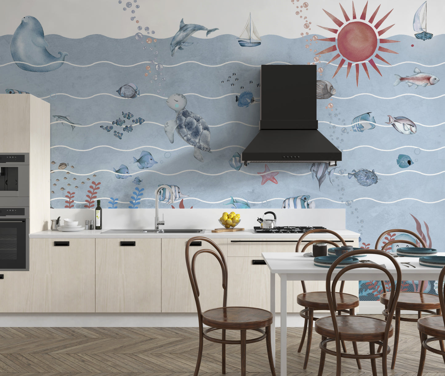 Sea life wall mural with playful underwater creatures
