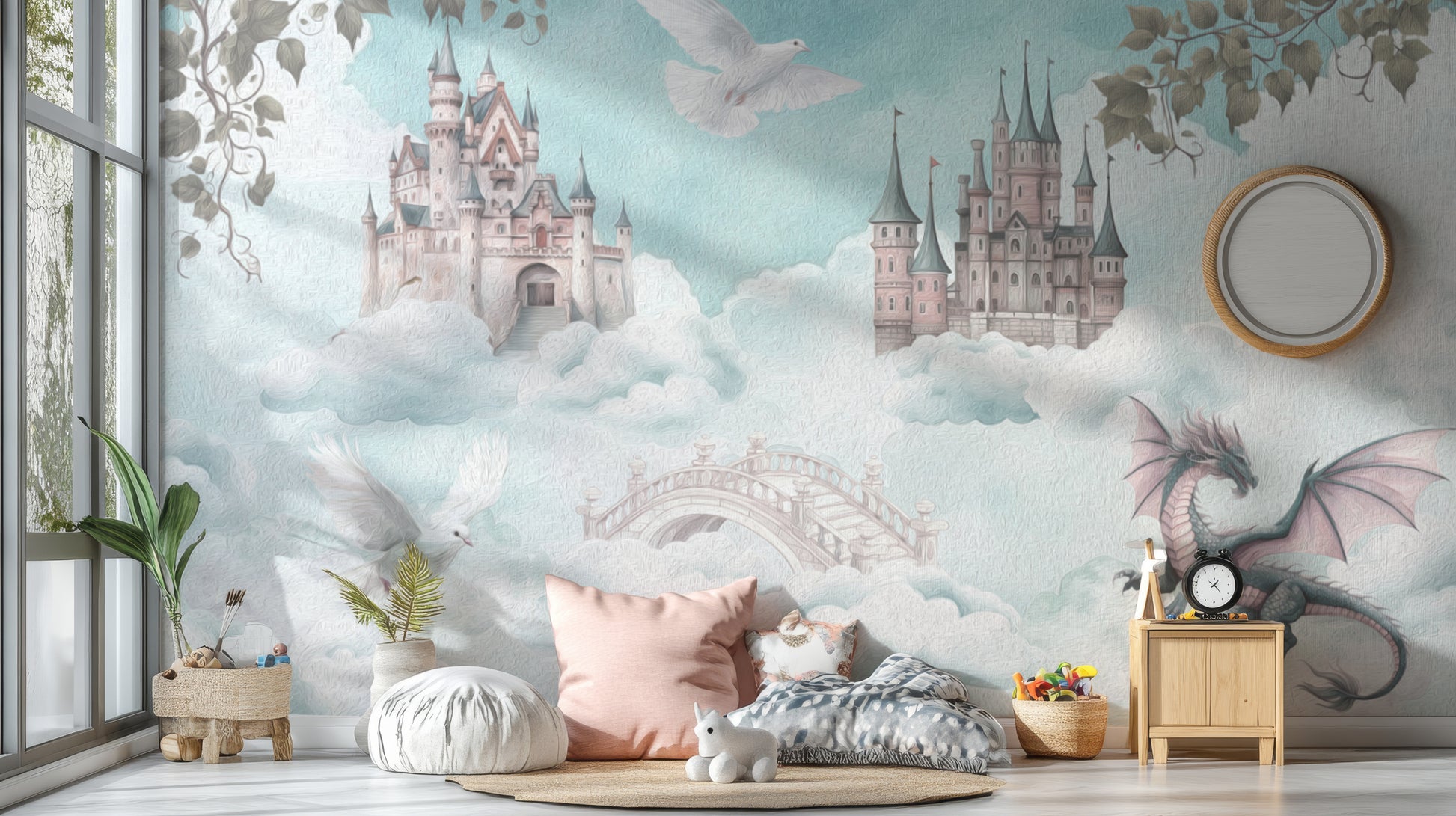 Storybook castle wallpaper with dreamy elements
