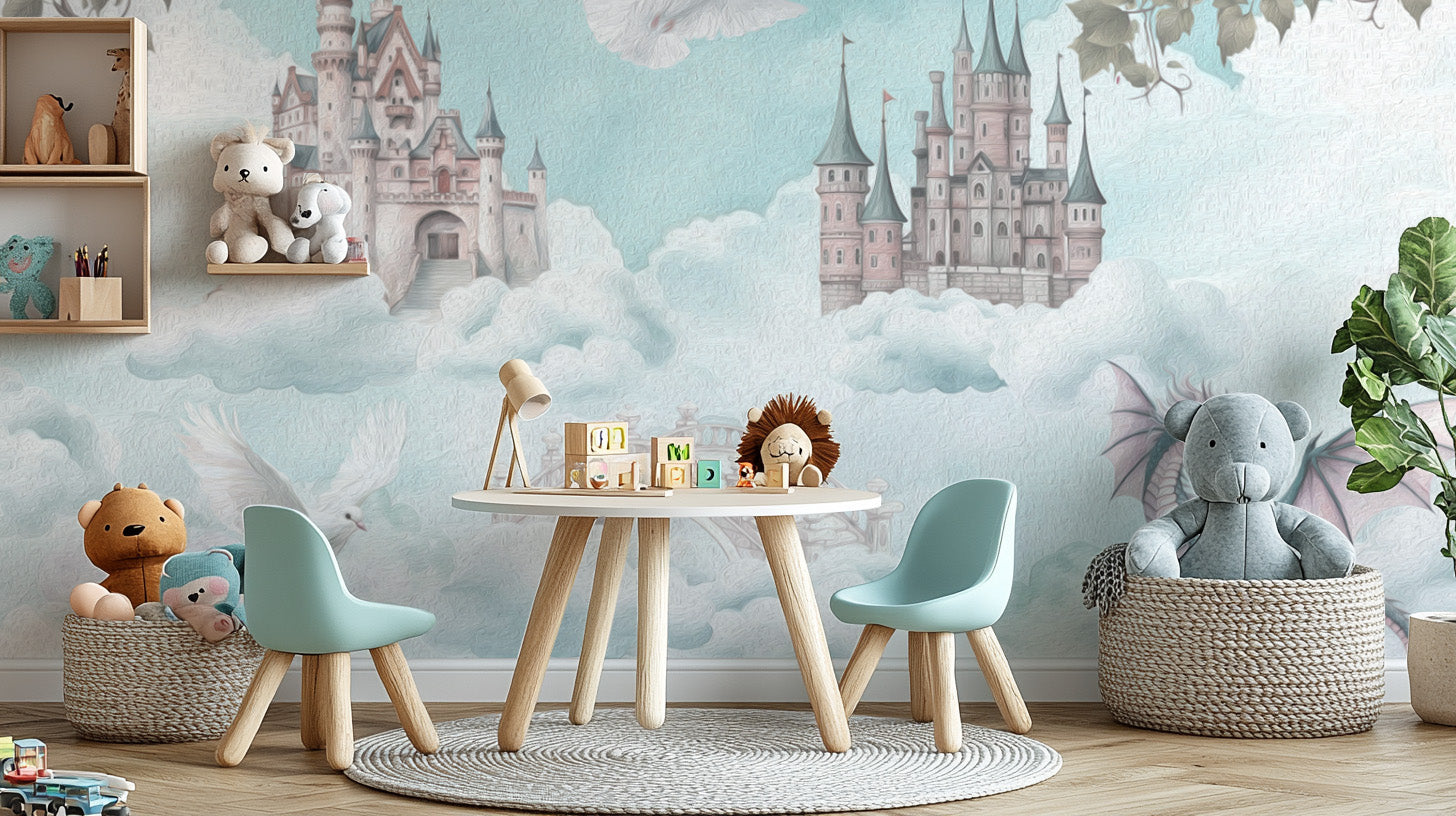 Mythical kingdom wallpaper with doves and clouds
