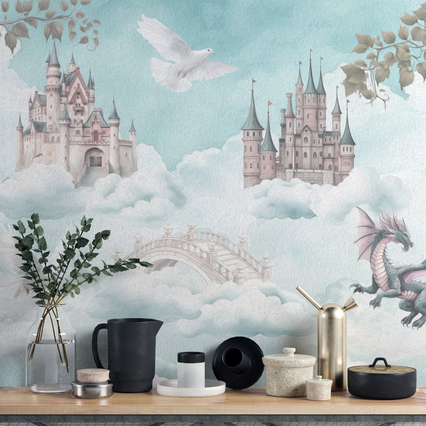 Floating castles wall mural with soft pastels
