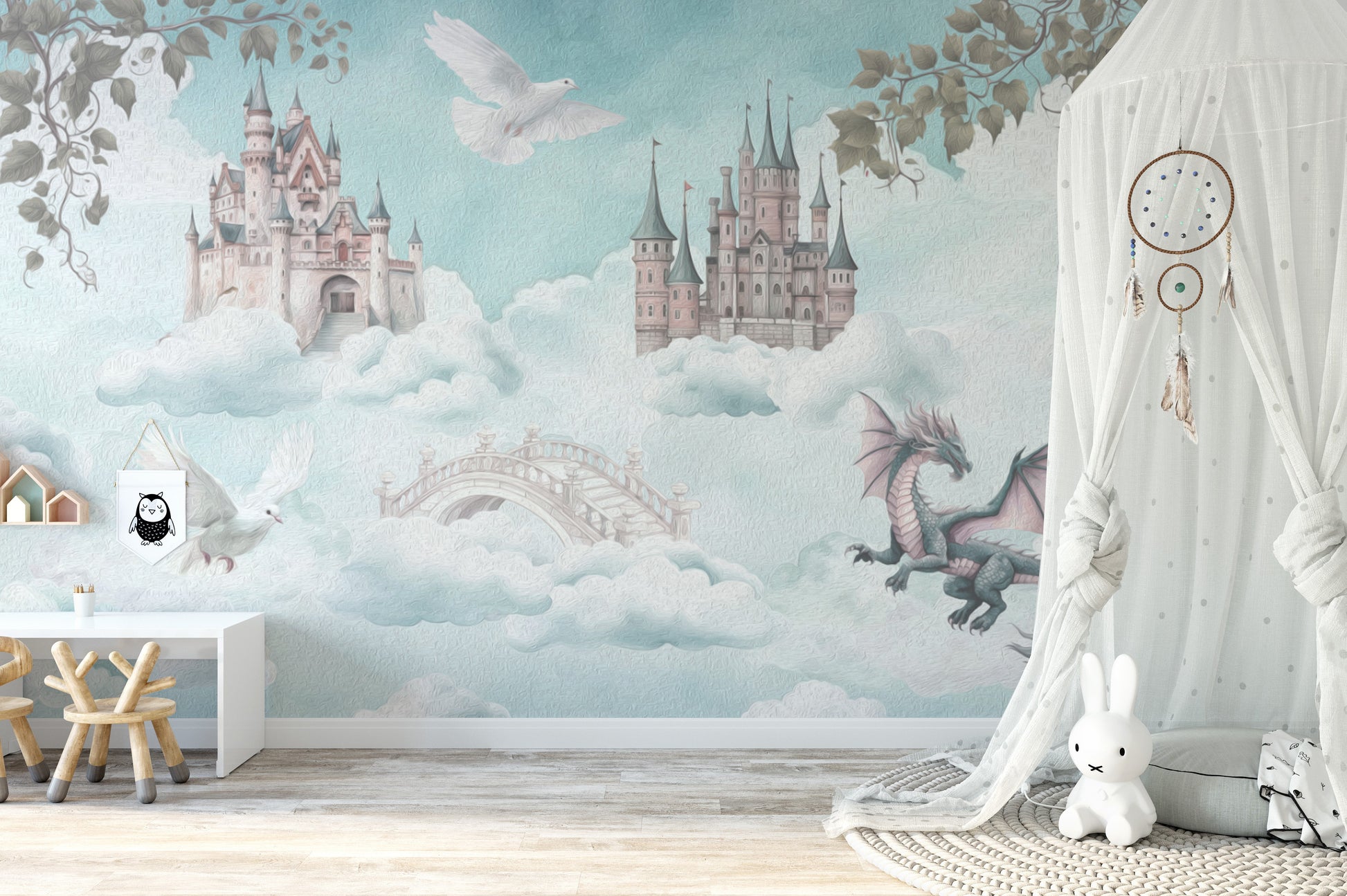 Magical sky castle mural with floating bridges
