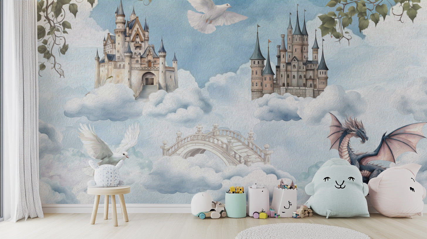 Majestic castles and dragon in the sky mural
