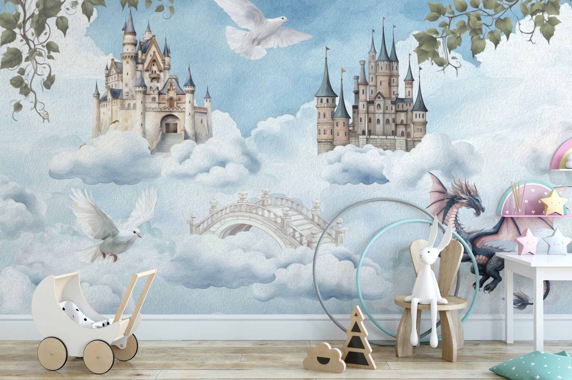 Enchanted fairytale wallpaper with floating castles
