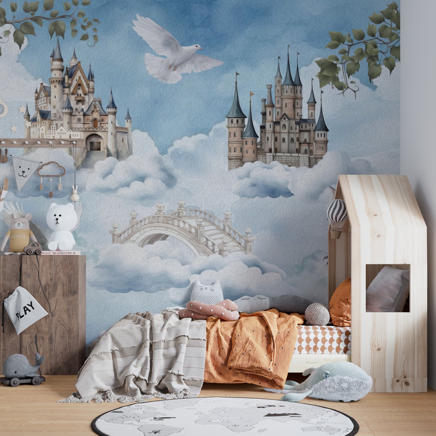 Floating castles wall mural with soft pastels
