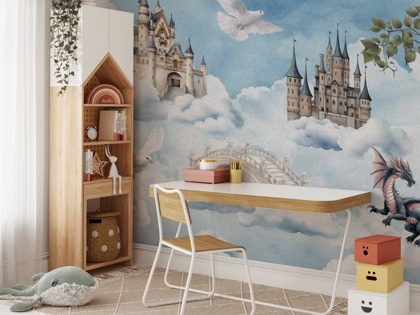 Whimsical castle wall mural with cloud scenery
