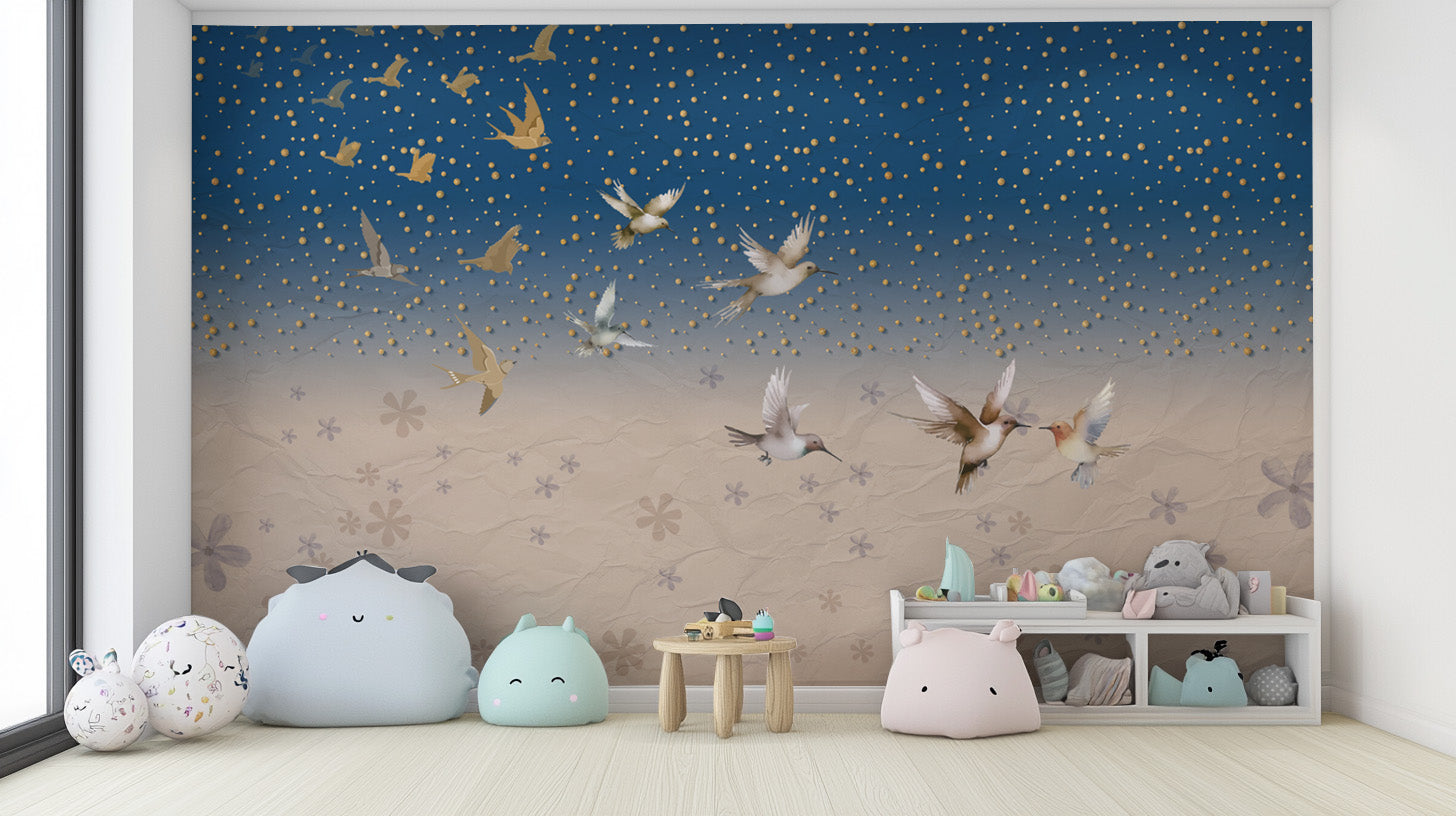 Celestial birds wallpaper with golden stars and deep blue sky
