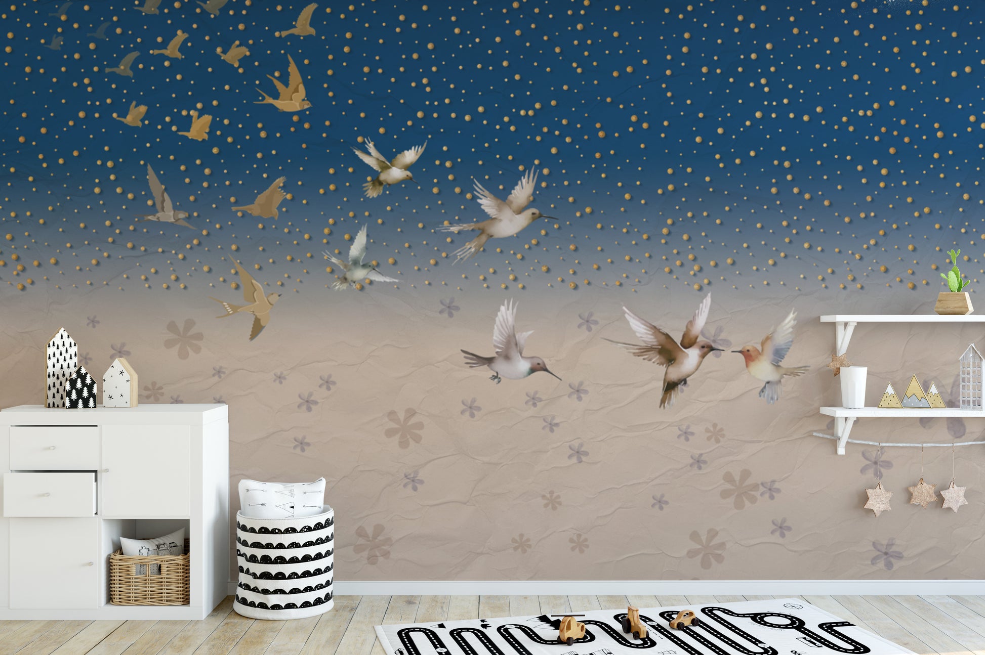 Vintage-inspired celestial birds mural with floral details
