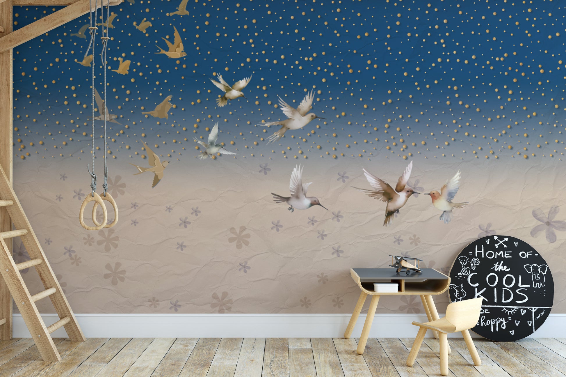 Elegant birds flying in a celestial starry night design
