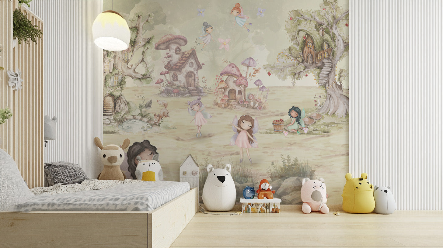 Soft pastel fairy forest wallpaper for nurseries
