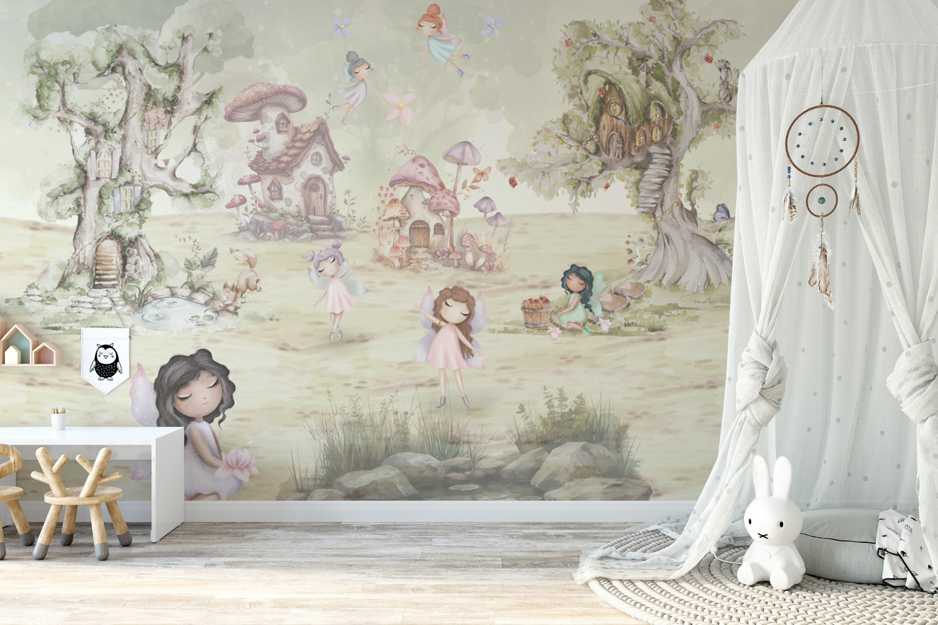 Whimsical fairyland wallpaper with soft pastel fairies
