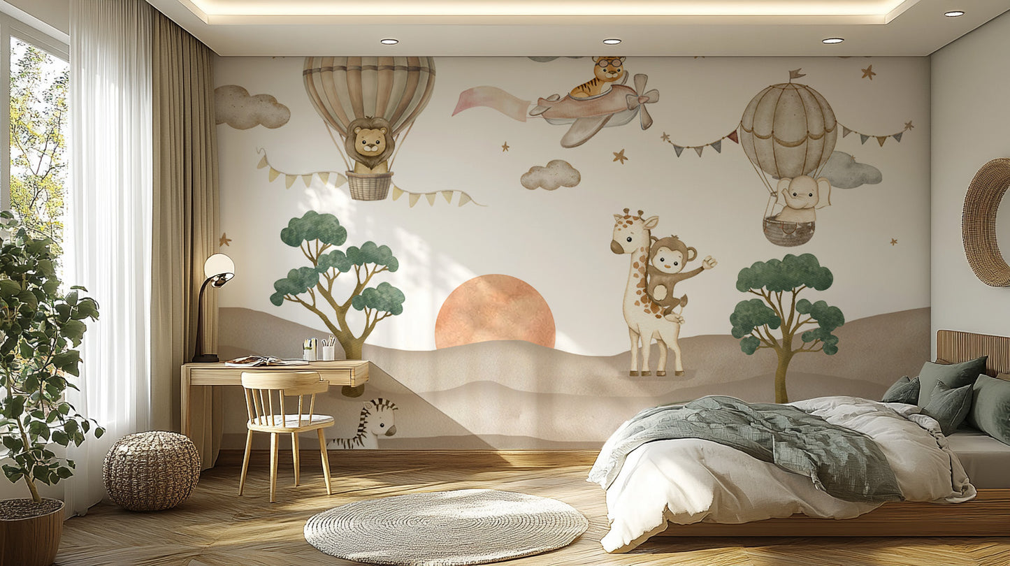 Adorable lion, zebra, and elephant in a safari wall mural
