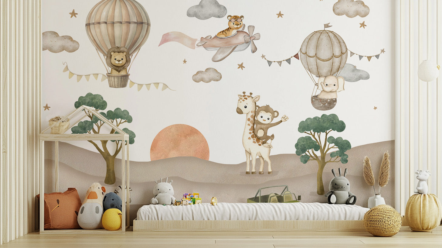 Storybook-style safari animals wallpaper with warm tones
