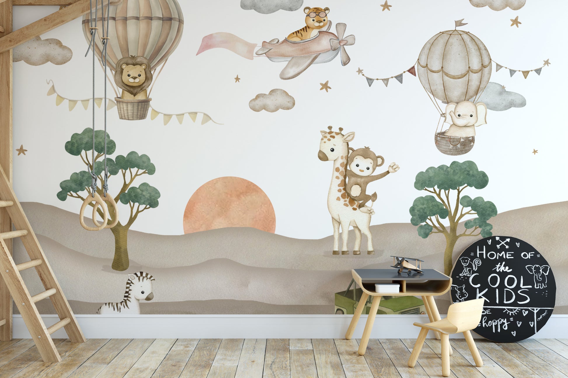 Playful safari-themed wallpaper with giraffe and monkey
