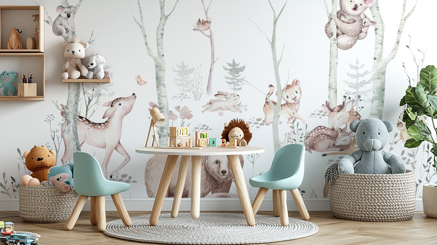 Hand-painted woodland creatures wallpaper for kids
