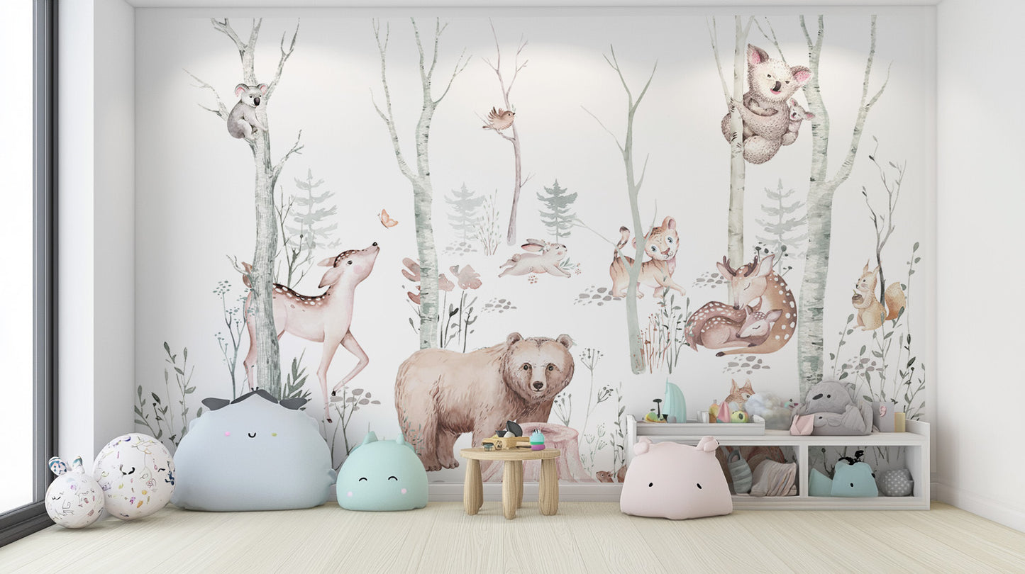 Soft pastel woodland animal wallpaper for nursery
