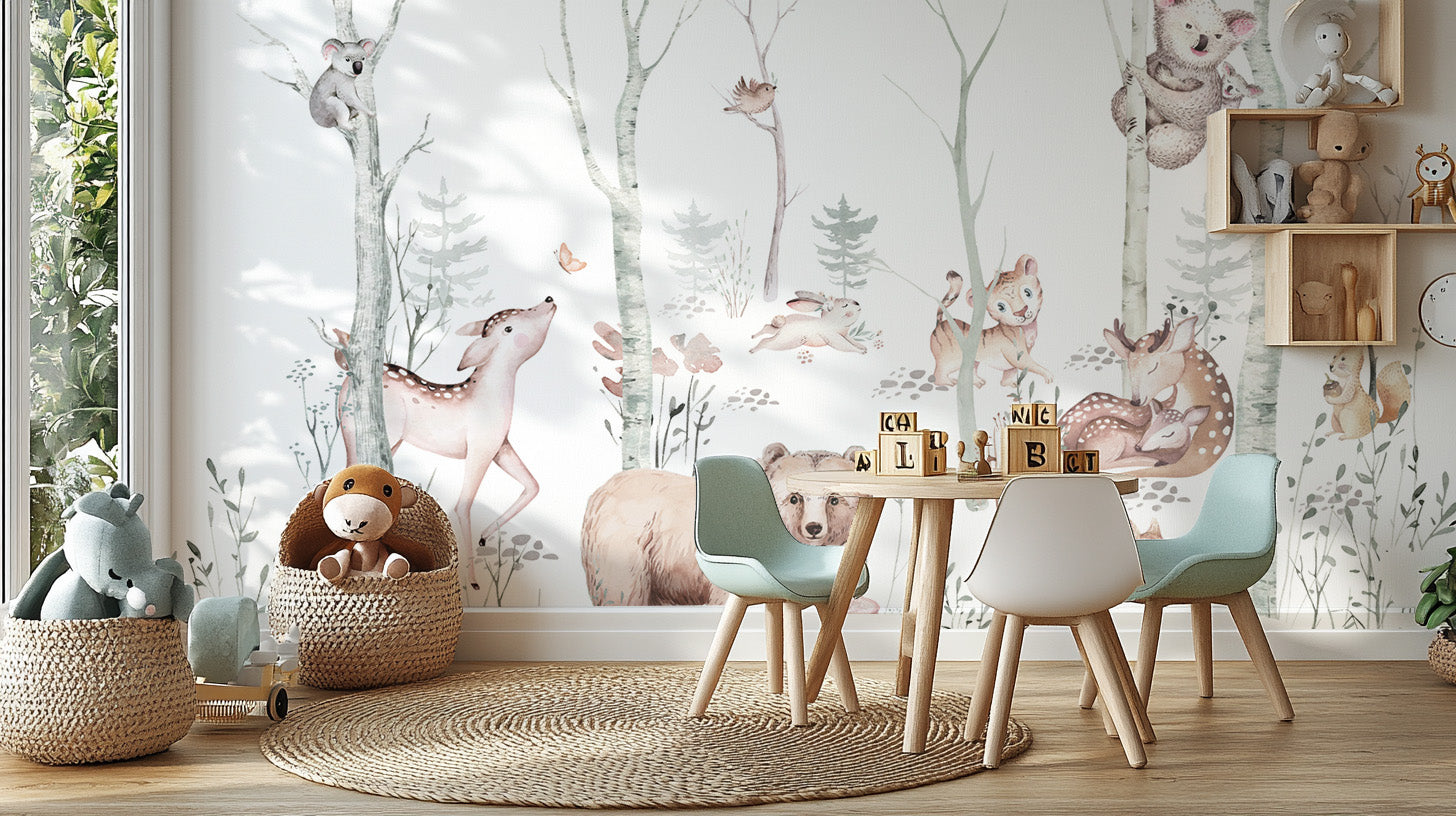 Adorable watercolor forest wallpaper with playful animals
