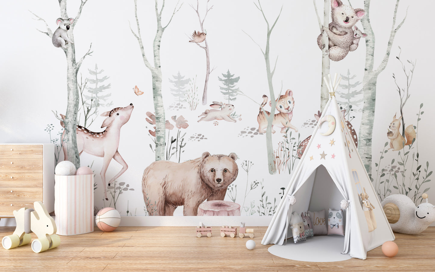 Whimsical woodland animals wallpaper with deer and foxes
