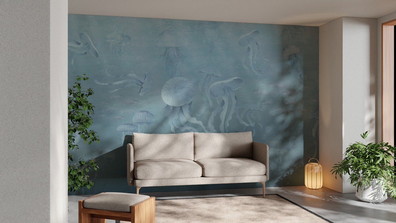 Serene underwater ocean wallpaper mural with jellyfish
