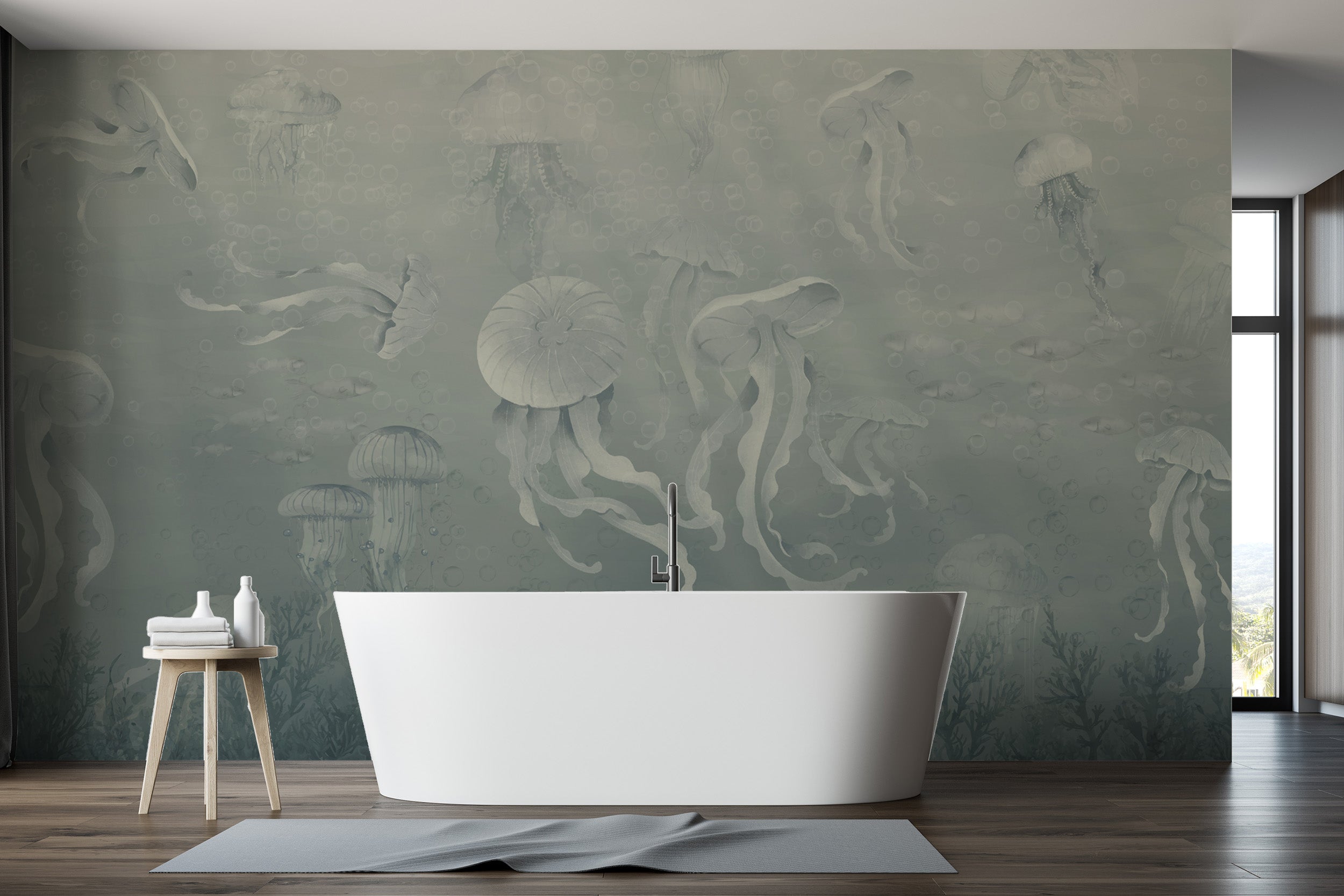 Dark jellyfish deep sea wallpaper mural with ocean vibes
