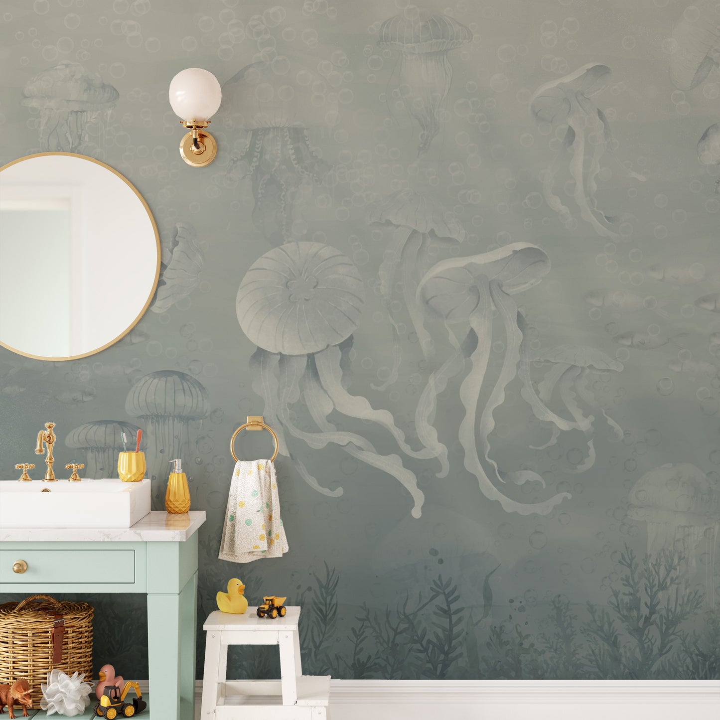 Mystical underwater jellyfish wallpaper in blue-green tones
