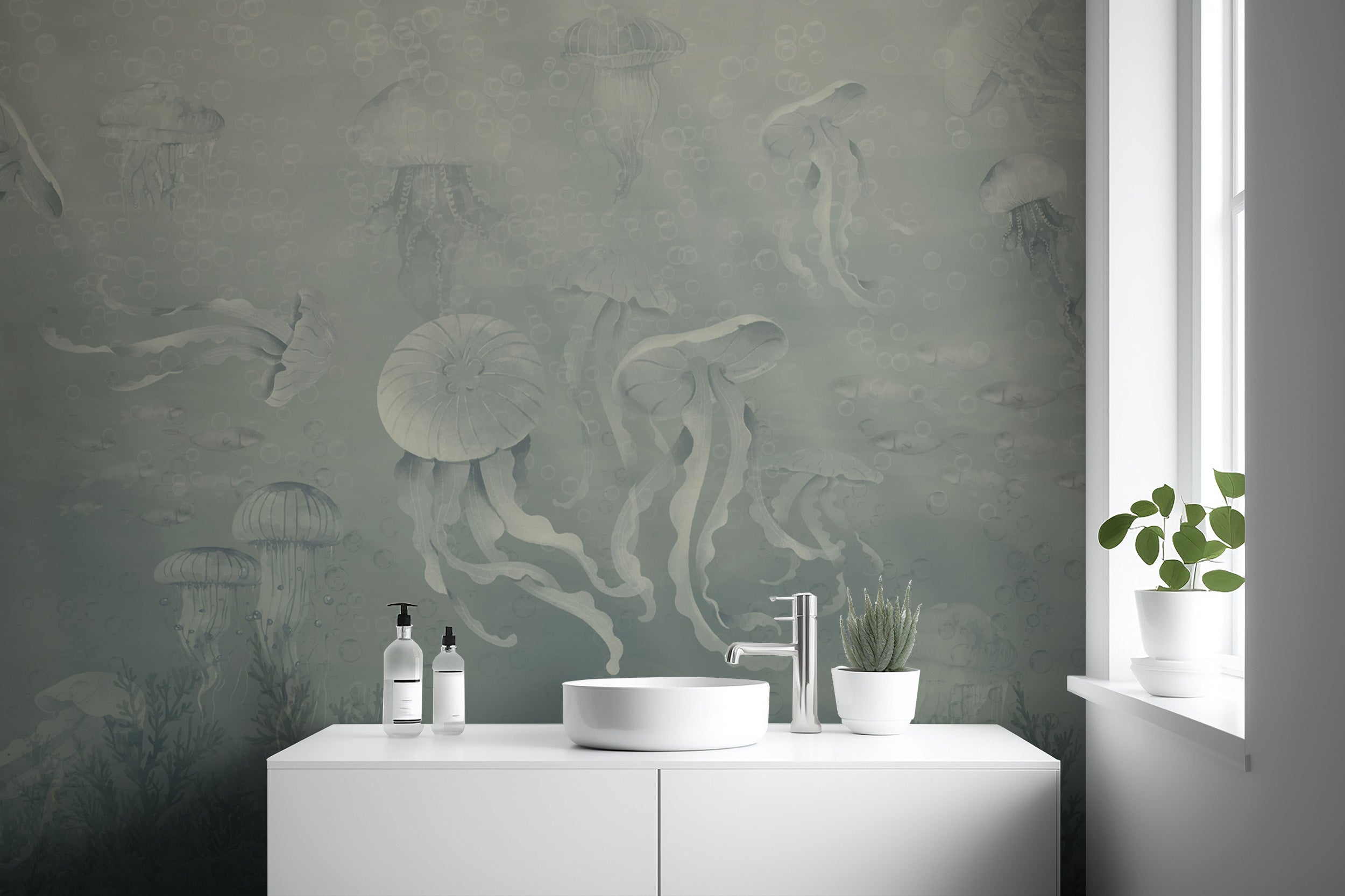 Serene jellyfish wall mural with aquatic details
