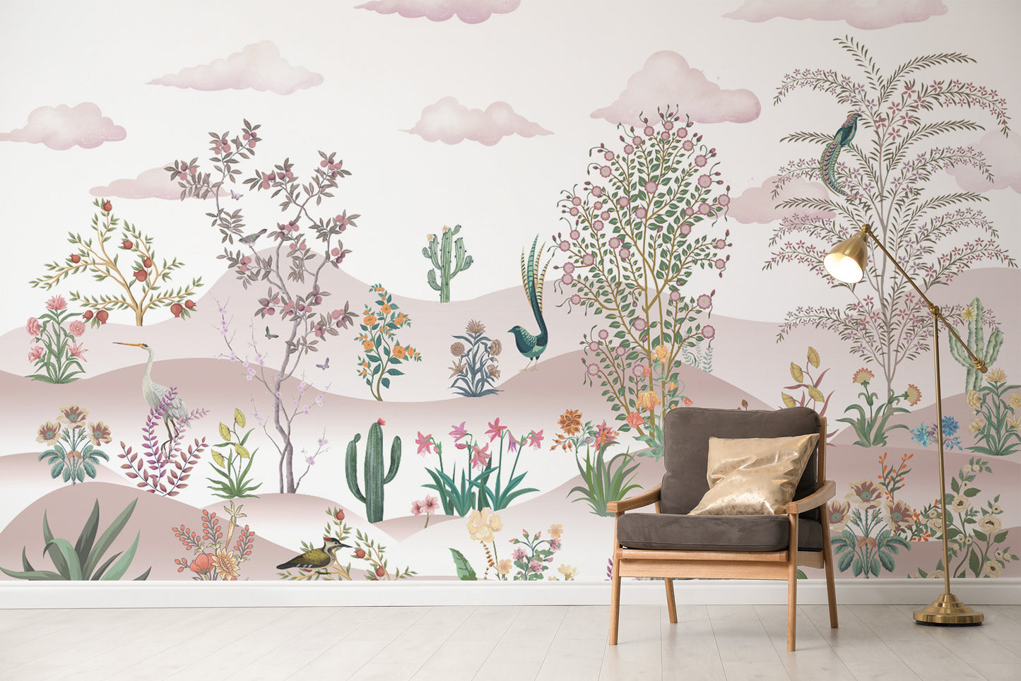 Serene desert scene wallpaper with delicate floral details
