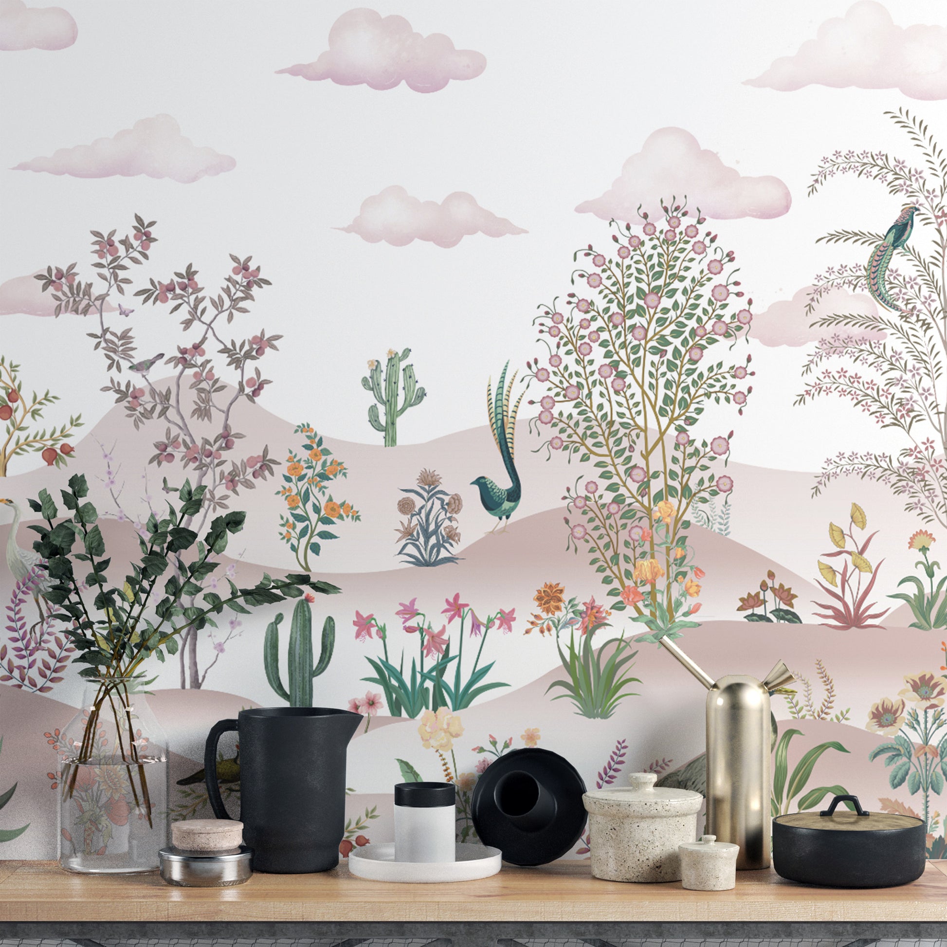 Desert-inspired floral and fauna wall mural in soft tones
