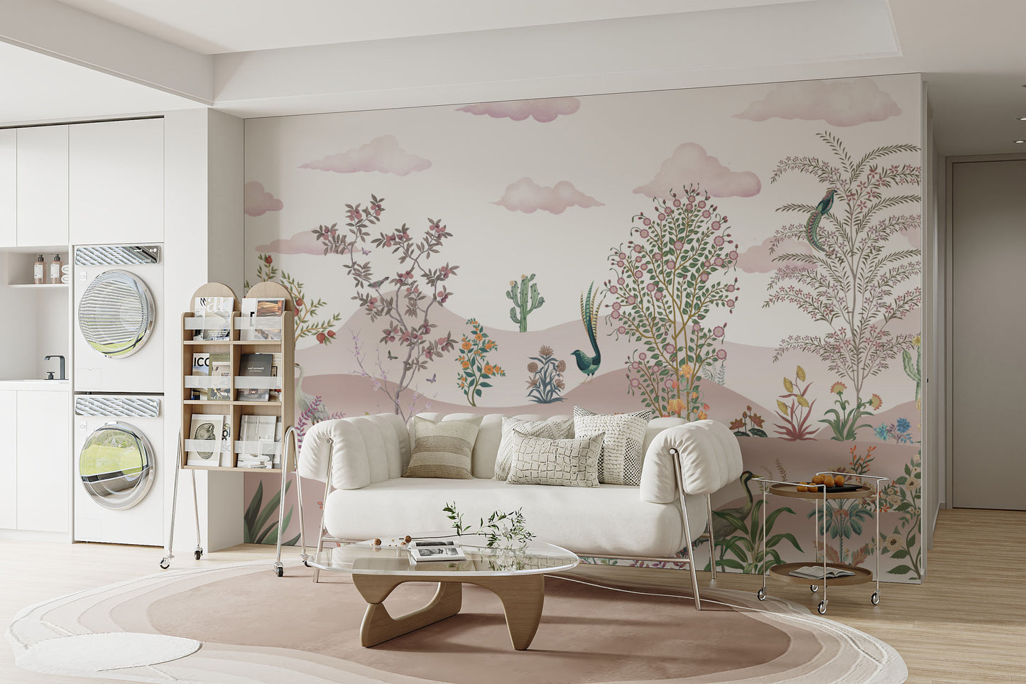 Timeless botanical landscape wallpaper with vintage elegance
