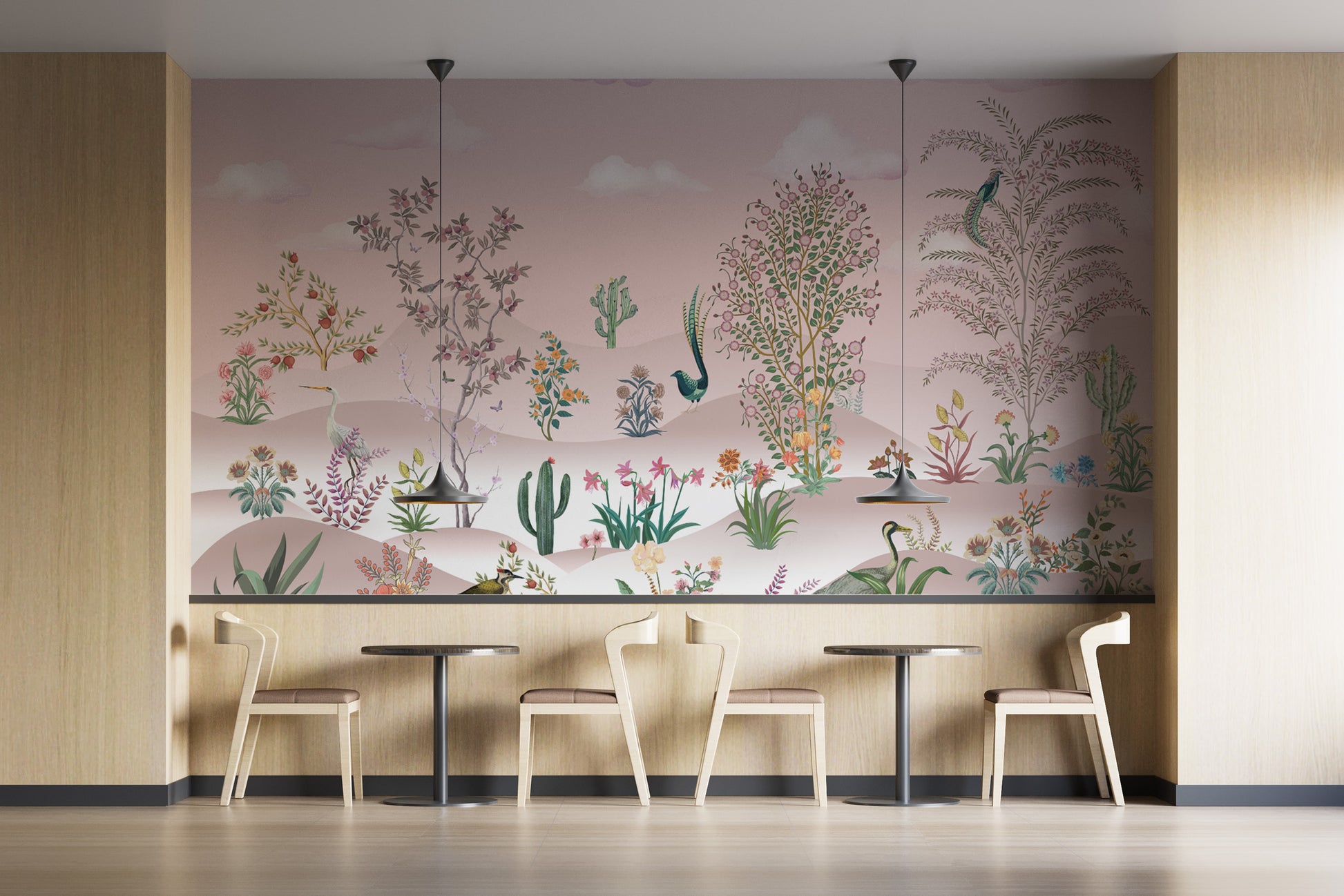 Delicate floral desert wall mural in pastel tones
