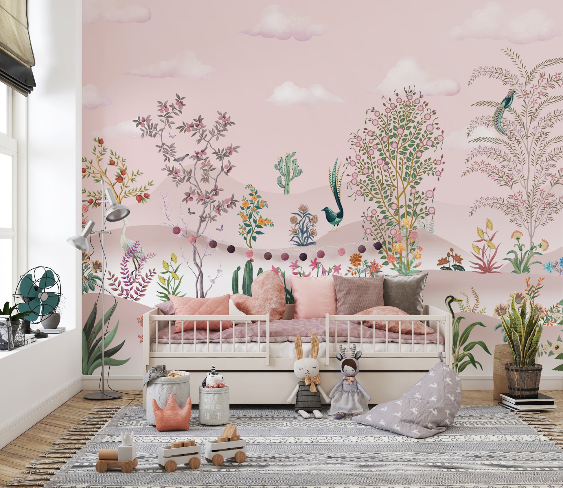 Cactus and flowering tree wallpaper mural in pink hues
