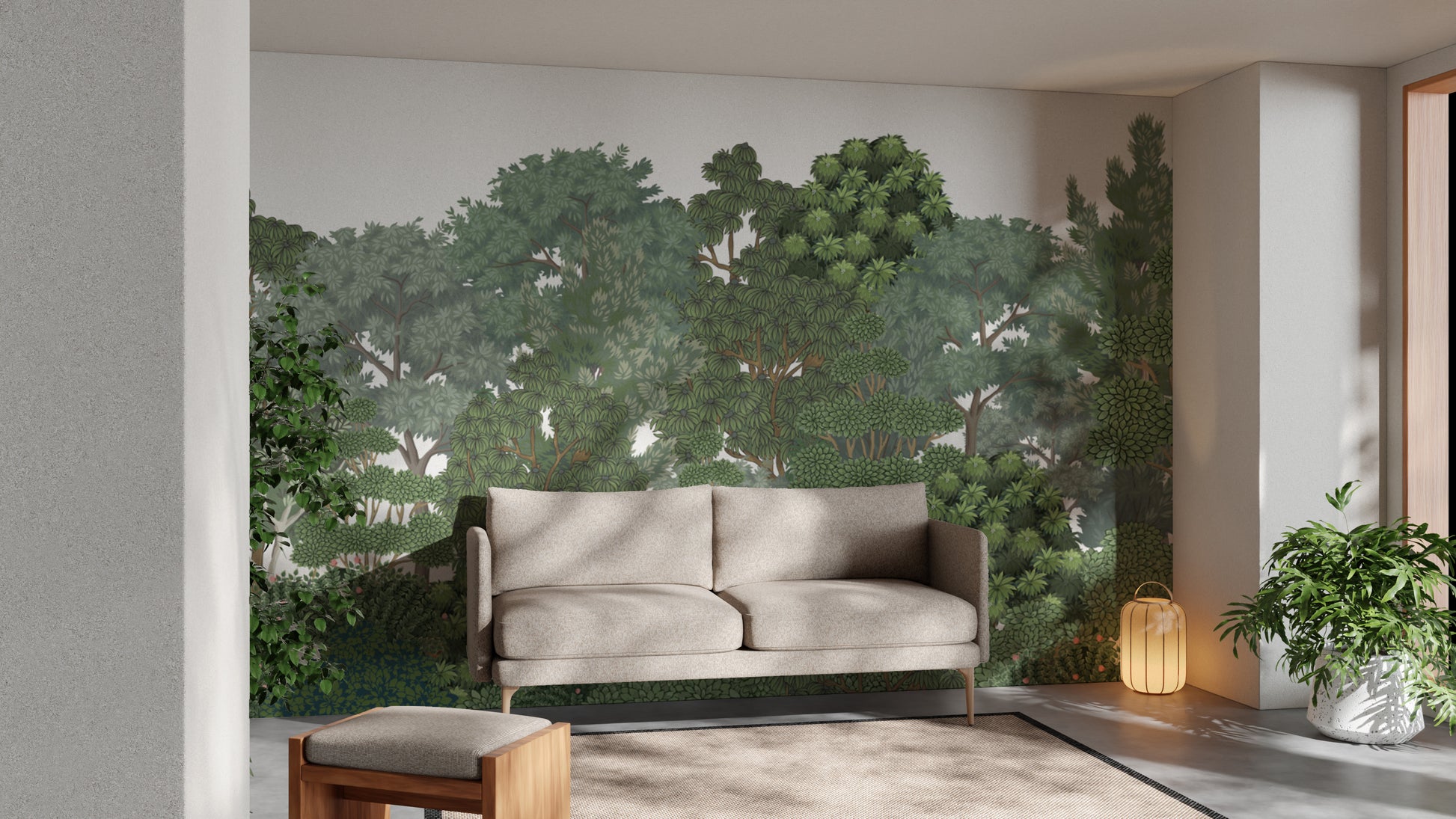 Hand-drawn tropical forest wallpaper in rich green
