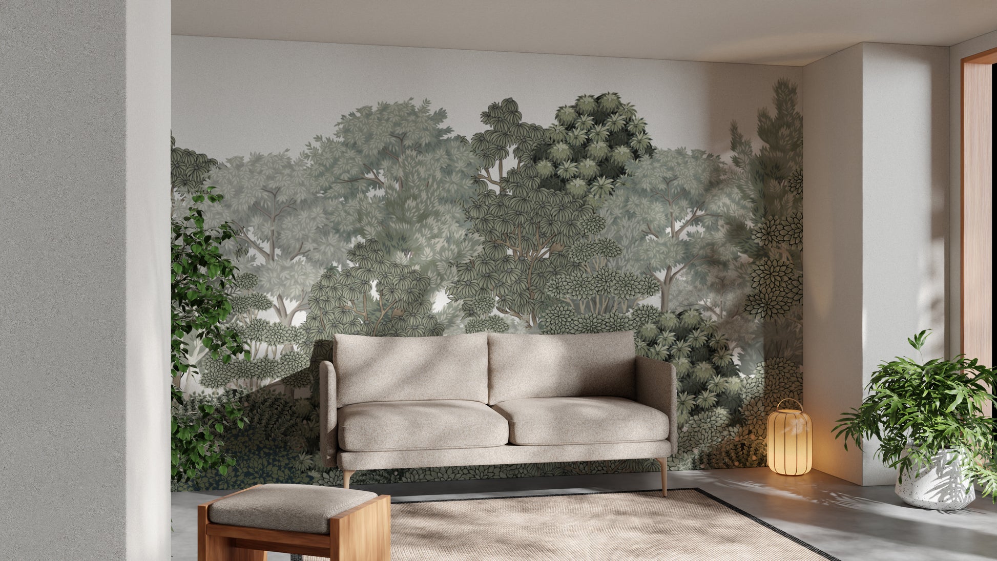 Tree pattern wall mural for a serene woodland look
