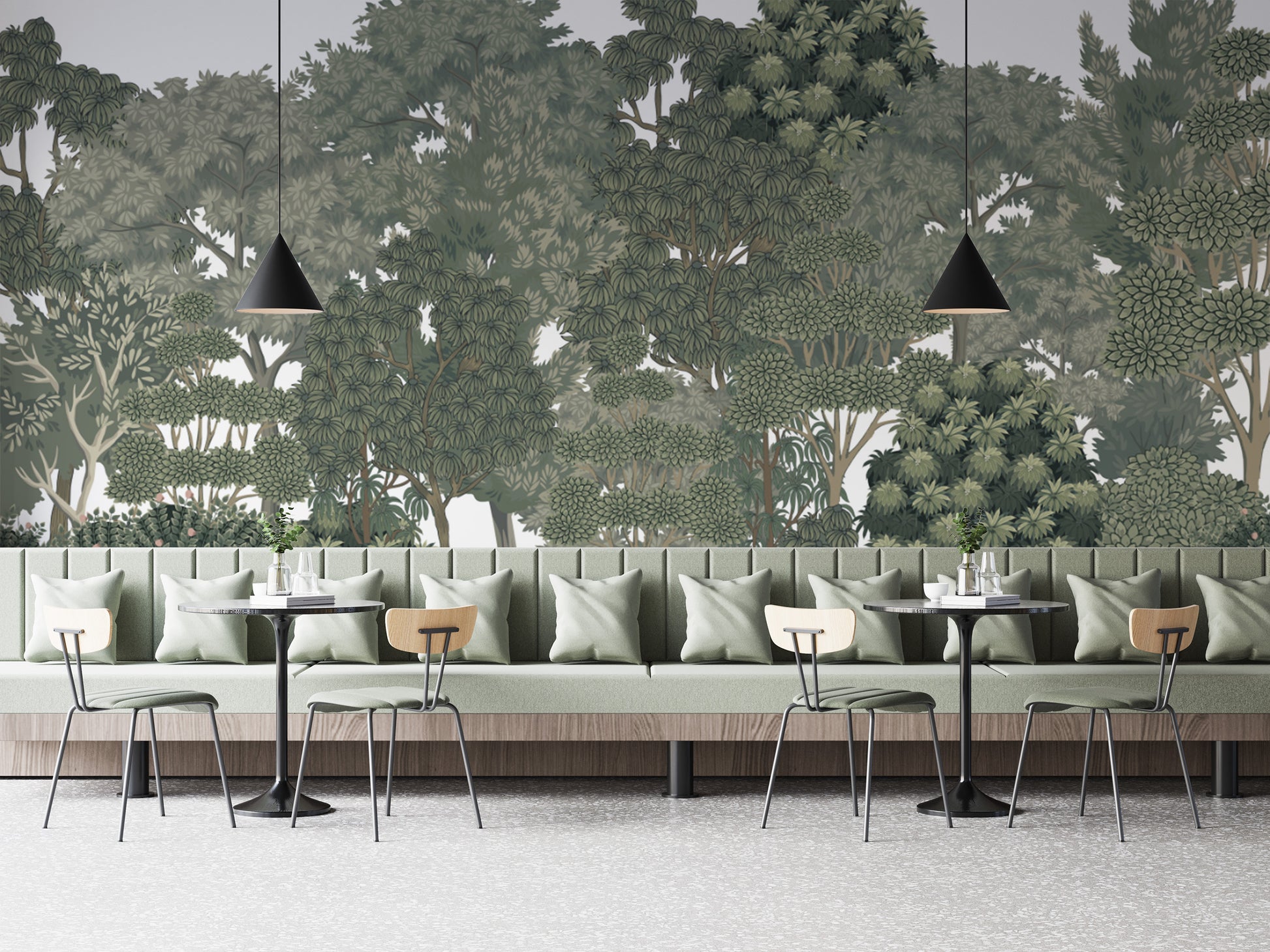 Botanical forest wallpaper in soft muted green tones
