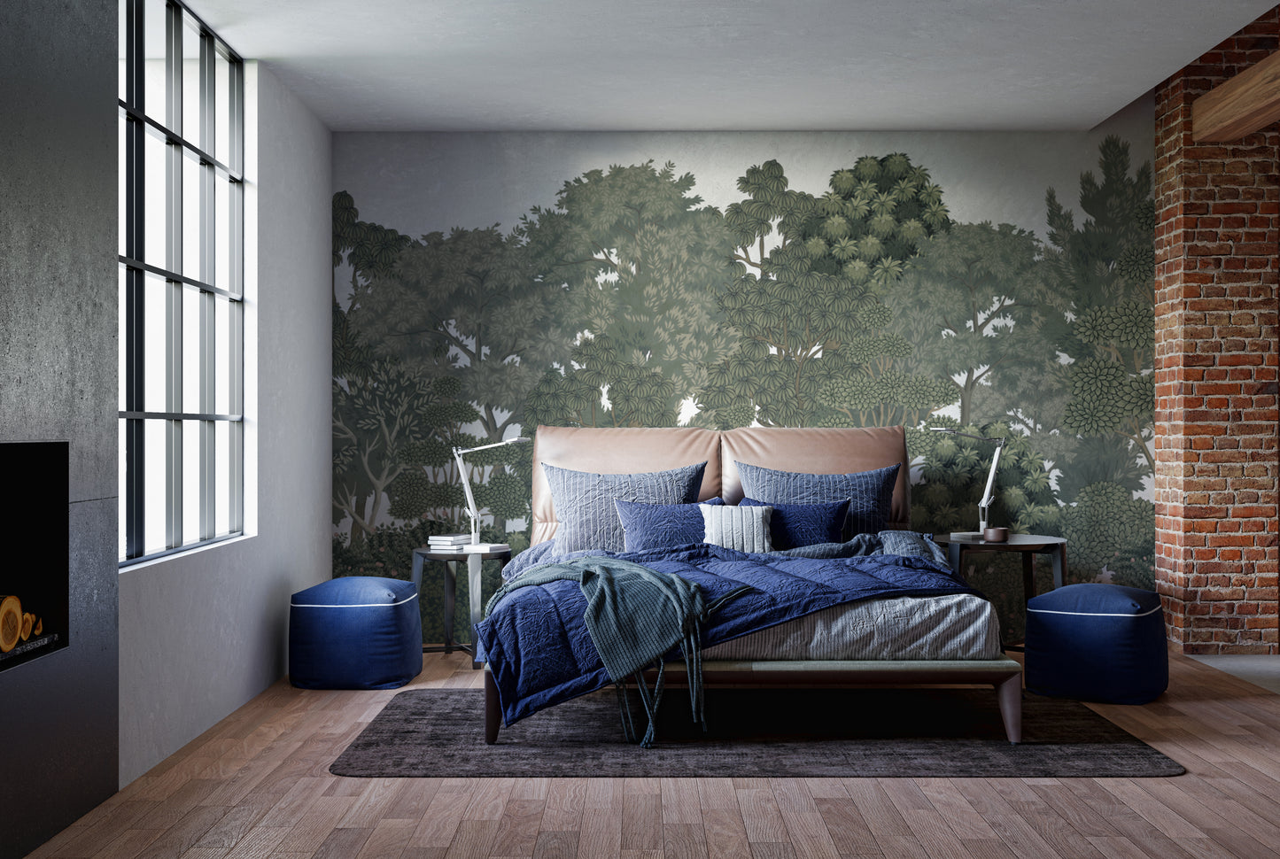 Scenic forest wallpaper mural with layered green trees
