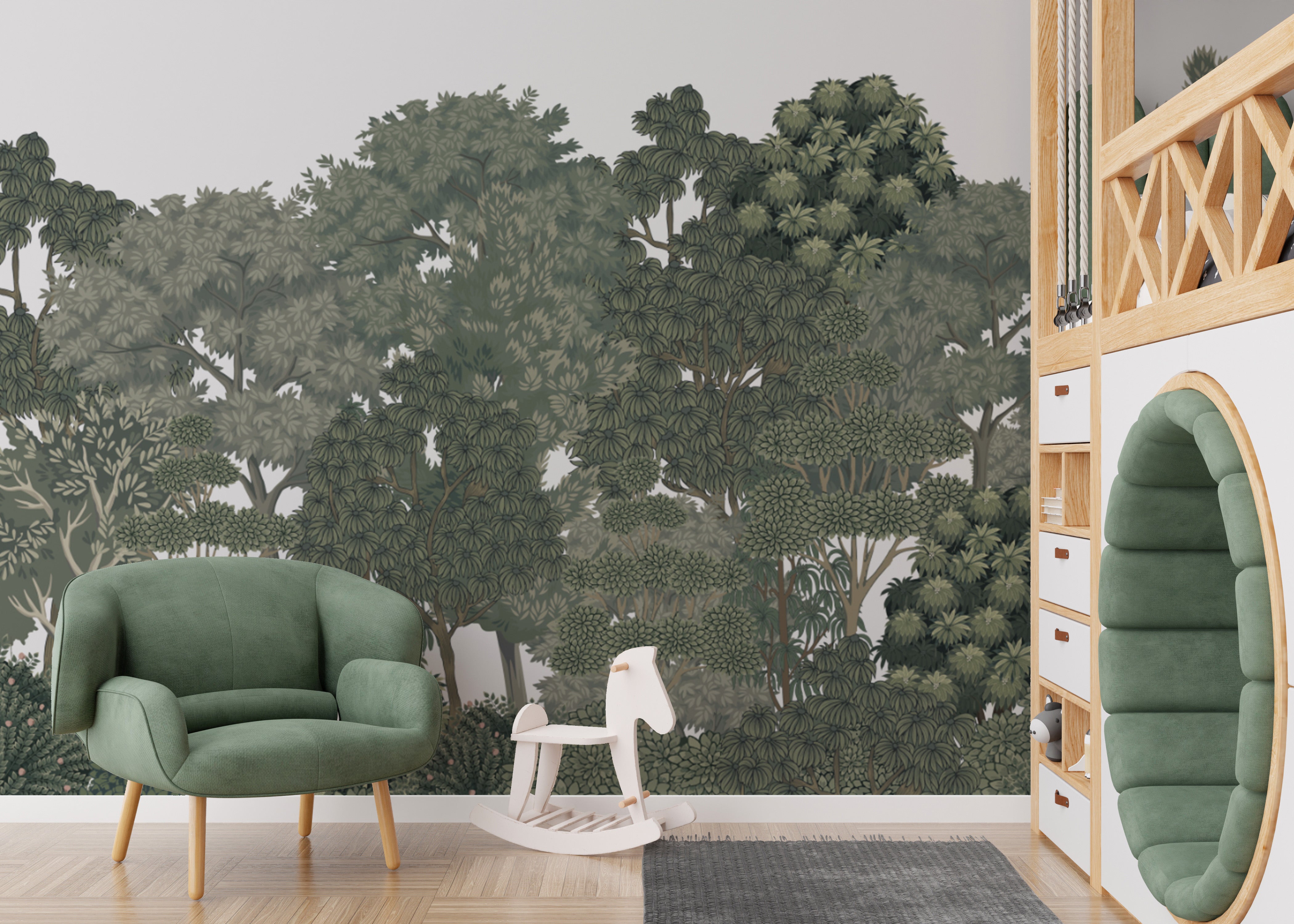 Green botanical wallpaper with intricate tree patterns
