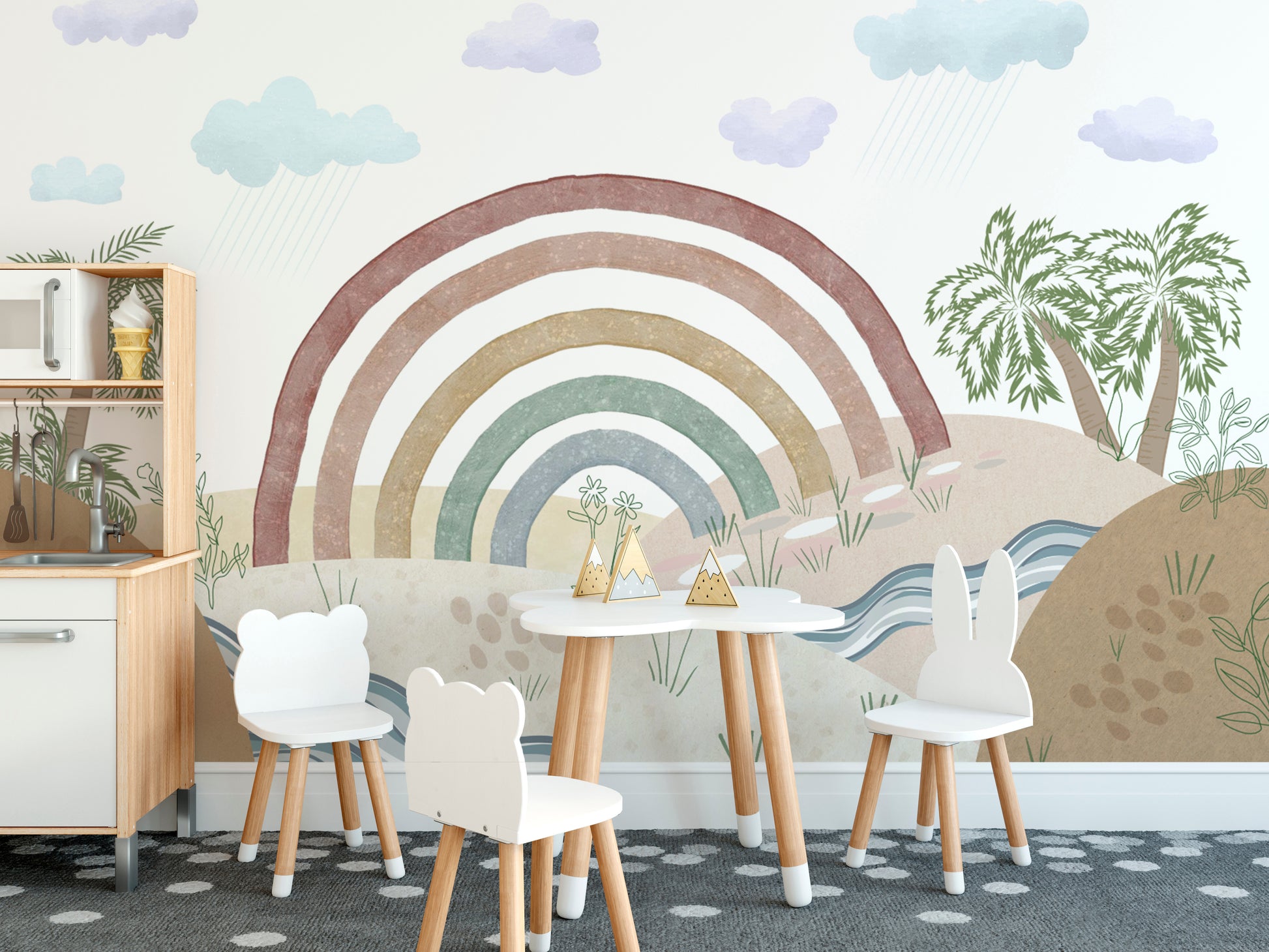 Hand-drawn rainbow mural with calming muted colors
