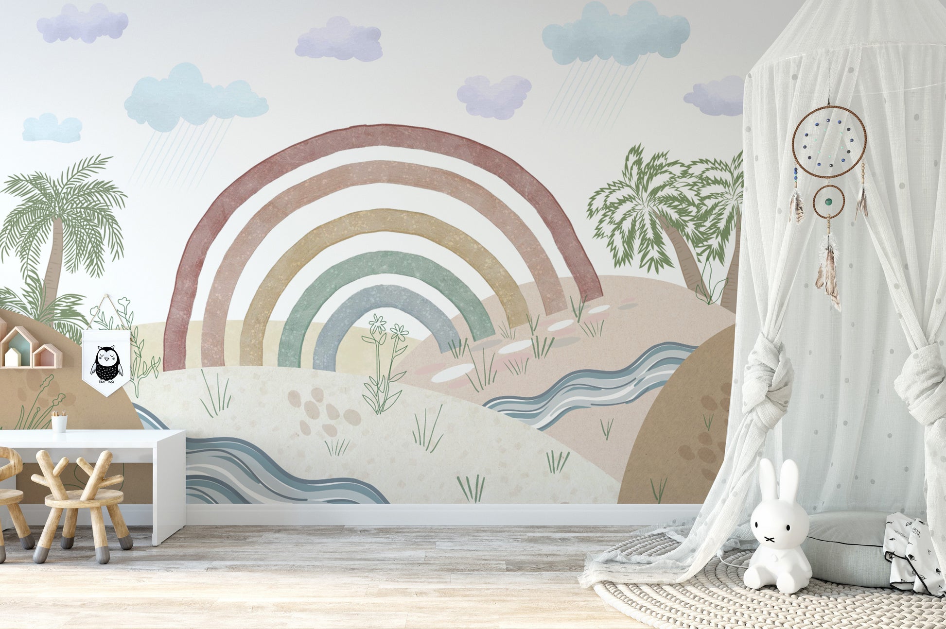 Scandinavian nursery wallpaper with soft natural elements
